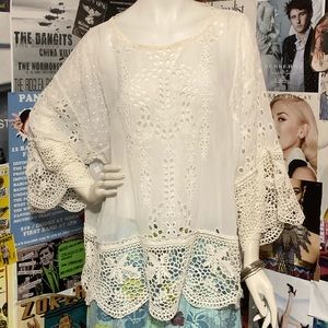 Johnny Was White Crochet-Trimmed Top w/ 3/4 Slv